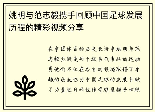 姚明与范志毅携手回顾中国足球发展历程的精彩视频分享